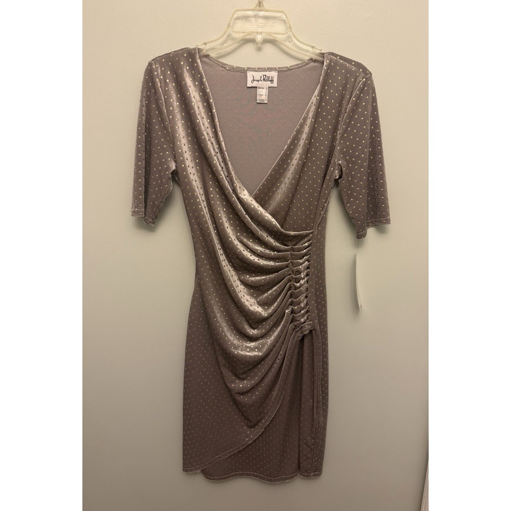 Joseph Ribkoff Faux Wrap Dress Size 4 Champagne Gold Velvet Ruched Cocktail NWT